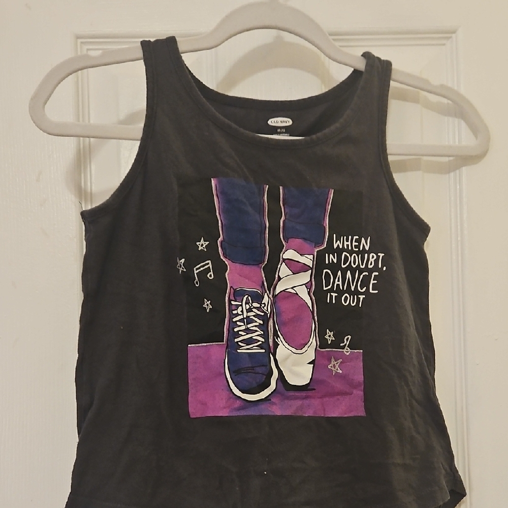 Old Navy Black Tank Top with Purple and Pink Design